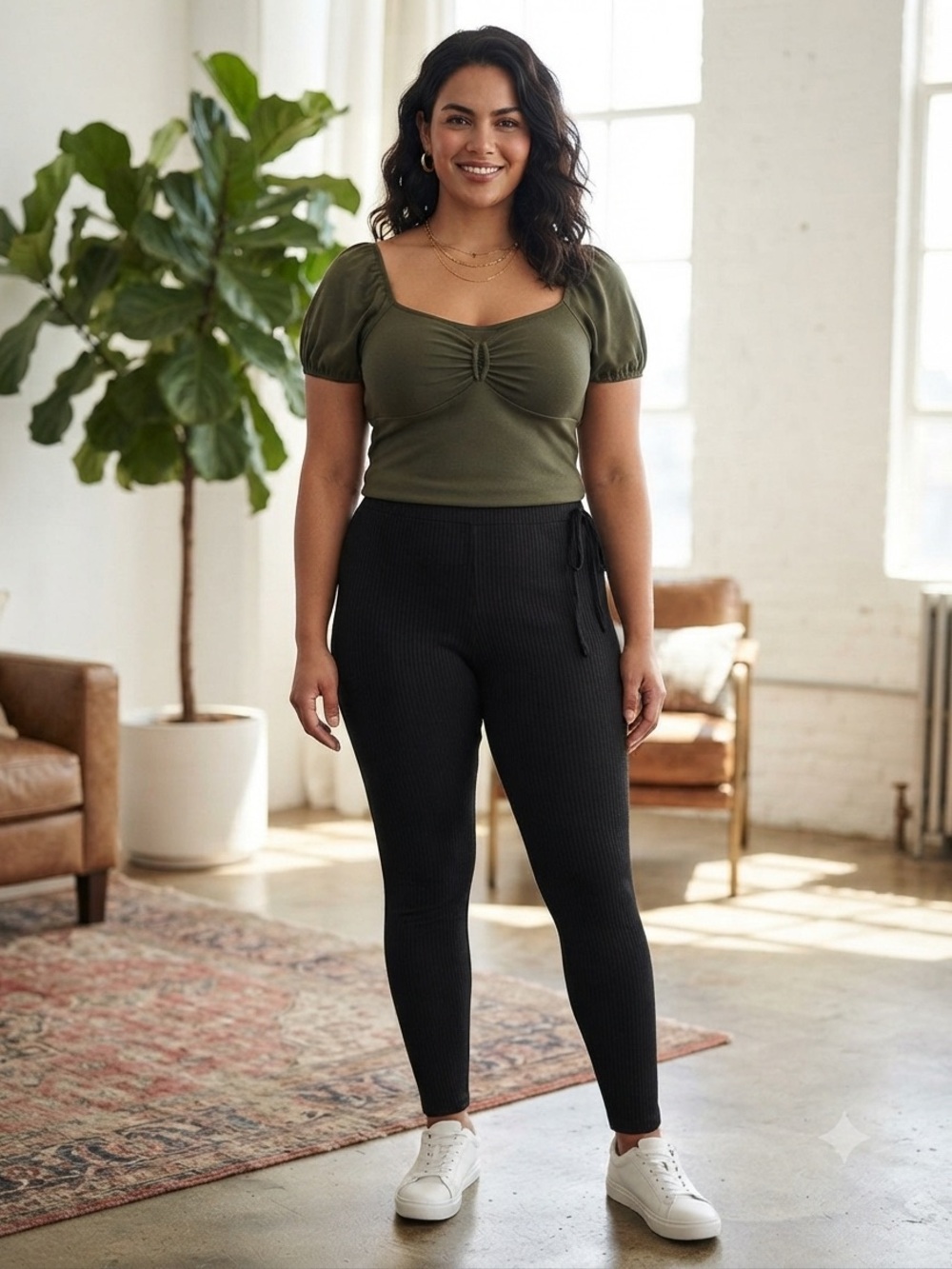 SHEIN Curve Bundle 0XL Top & L Black Ribbed Leggings Olive Green Puff Sleeve Set